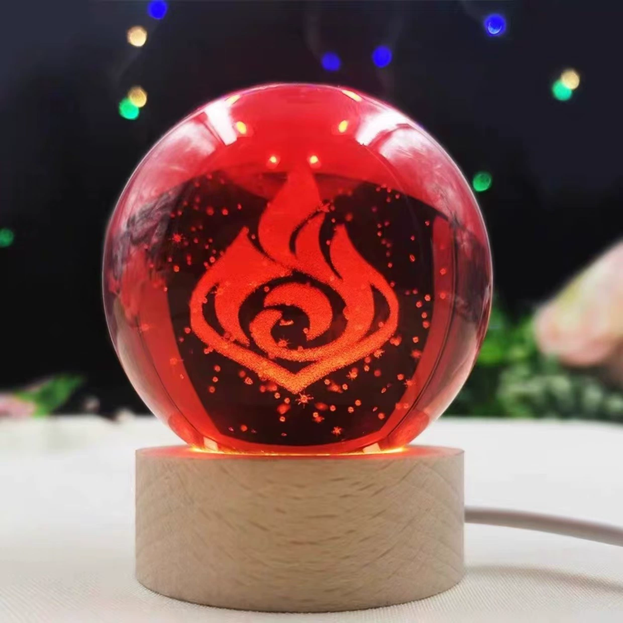Ночная лампа кристальный шар (Genshin Impact), 3D-гравировка семи стихий, LED или деревянная подставка