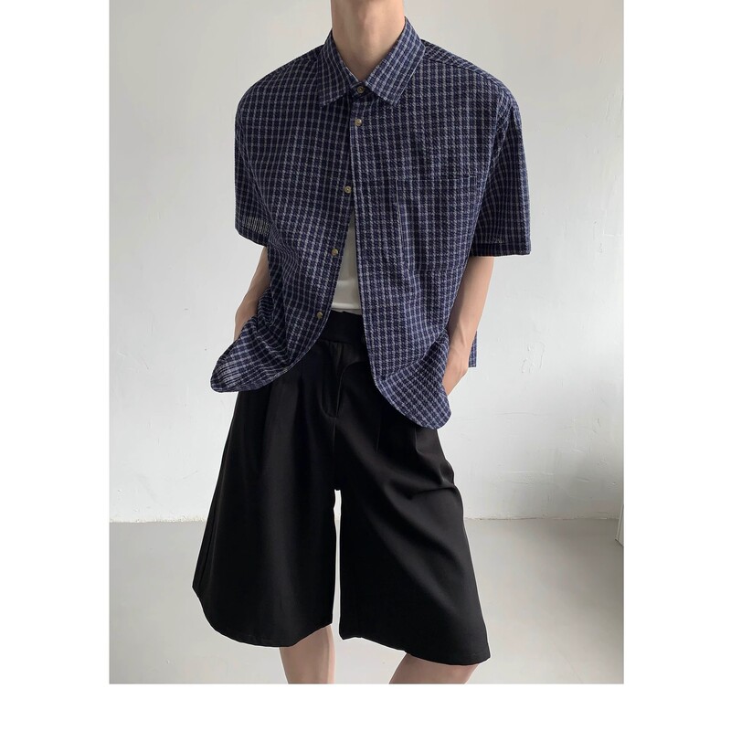 Factory Summer Design Casual Plaid Short-Sleeved Shirt Tops Men's Korean Style Lazy High-End Shirt Niche