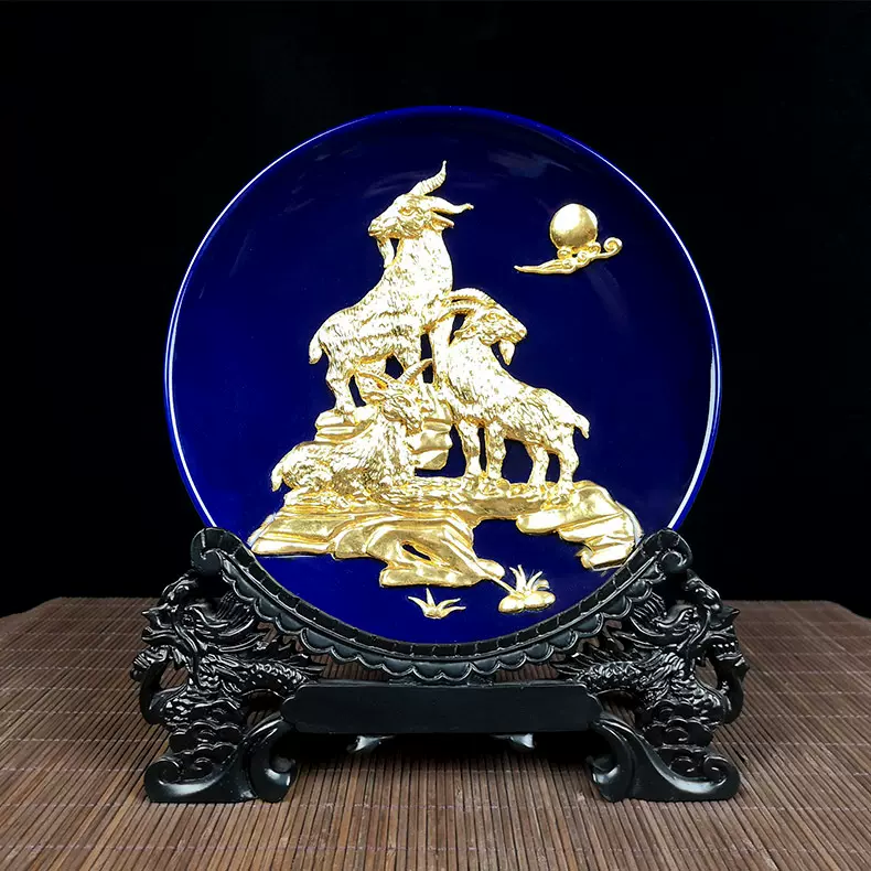 工艺品三阳开泰漆线雕纯手工雕刻贴金箔托盘摆件批发瓷盘手工贴金