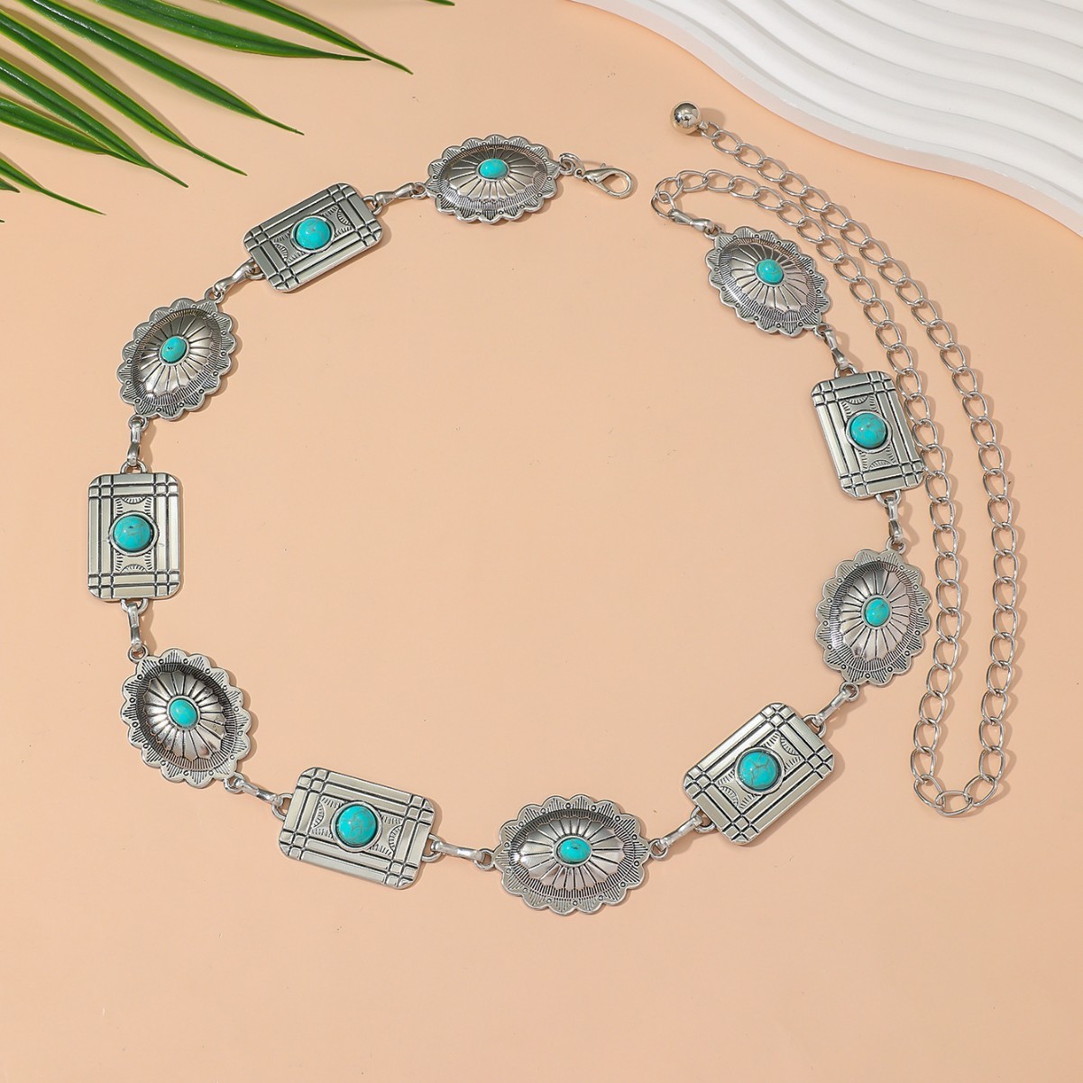 Tailleketting, lichaamsketting, Europese en Amerikaanse retro bohemian stijl, imitatie turkooizen tailleketting, metalen navelketting, riemaccessoire, dameslichaam_voghion.com