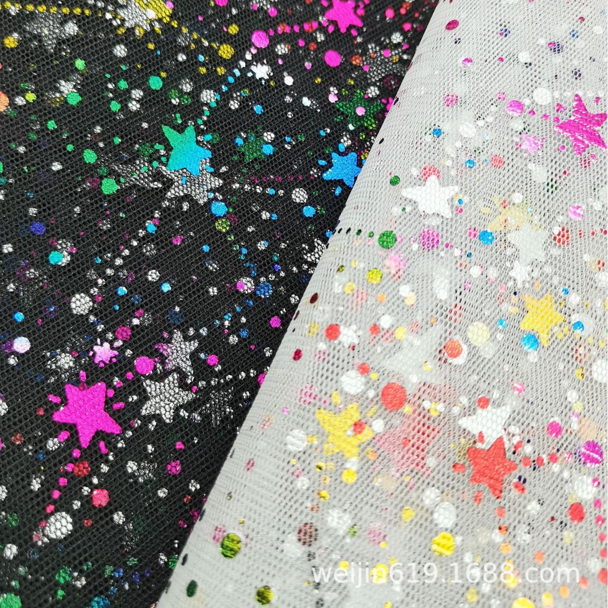 厂家直销批发涤加强网烫金烫银七彩网眼布料礼服童装舞台服装面料