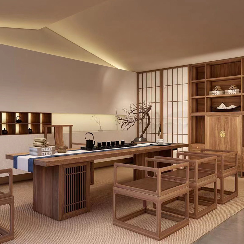 New Chinese-style solid wood tea table and chair set, black walnut wood, Zen-inspired minimalist tea table, natural wood tea table, tea room furniture
