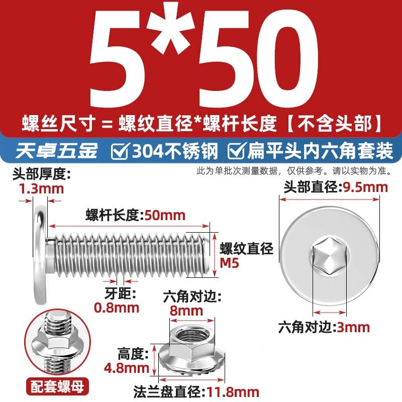 304不锈钢CM大平头超薄头C头扁平头内六角螺丝钉法兰边螺母套装M5|undefined