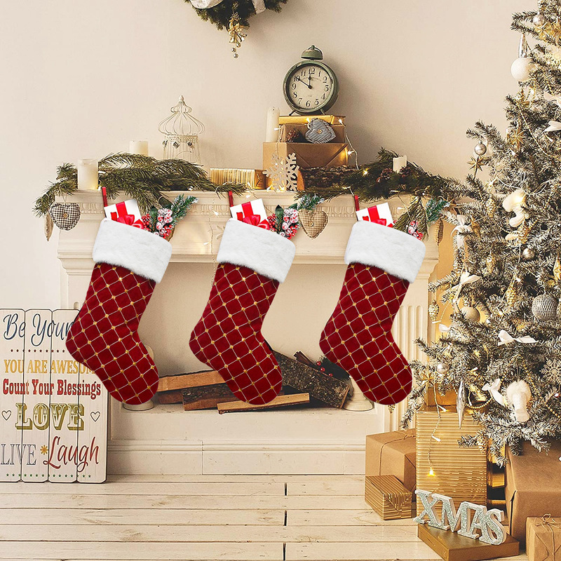 2023新品格子金クリスマス靴下金色スパンコールキャンディー袋クリスマスツリー飾り靴下祝日プレゼント袋|undefined