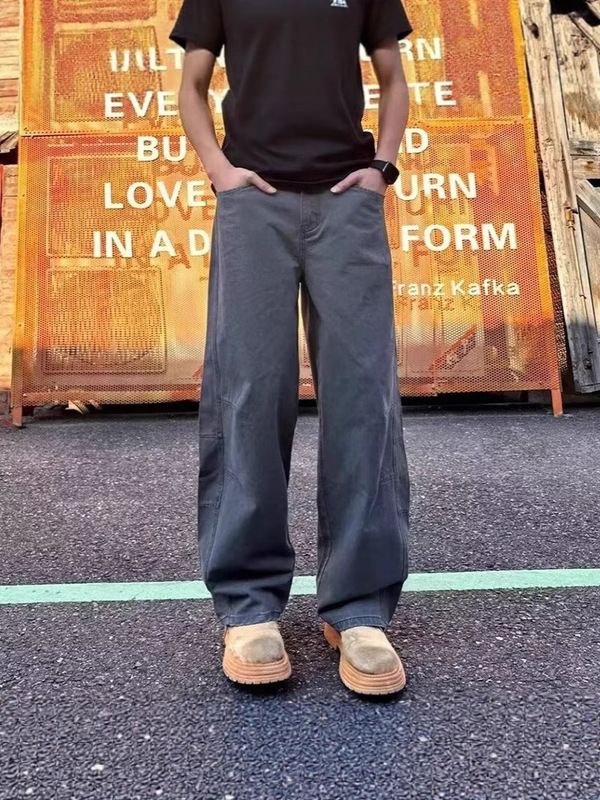 直筒宽松小众设计感休闲弯刀裤美式复古皱折阔腿多口袋工装裤男女|undefined