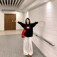 胖mm美式复古黑色大码长袖t恤女纯棉新款春秋季宽松慵懒风打底衫