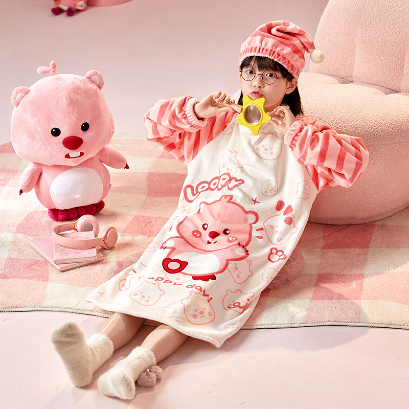 法兰绒女童睡裙2024新款秋冬季珊瑚绒女孩可爱超萌儿童睡衣loppy
