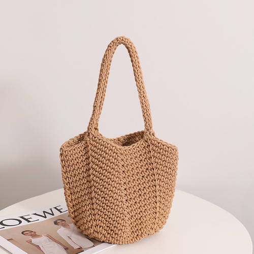 Korean retro ins shoulder cotton woven bag new crochet handbag straw bag vacation beach bag