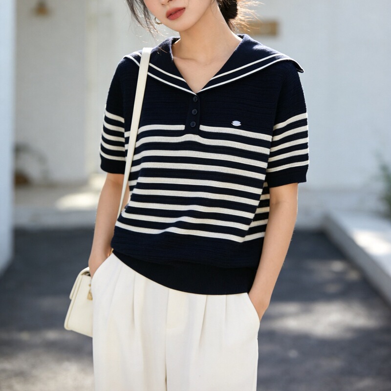 Jiaxing Puyuan 14-Gauge Navy Collar Striped Summer New Knit T-Shirt Short-Sleeve Women's Thin Style Old Money Style Jiaxing Puyuan 14-Gauge Navy Collar Striped Summer New Knit T-Shirt Short-Sleeve Women's Thin Style Old Money Style