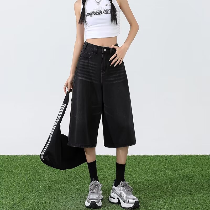 Summer Retro Cropped Jeans Small Women's Casual 2024 New Slim-fit Straight Loose Wide-leg Pants for Women