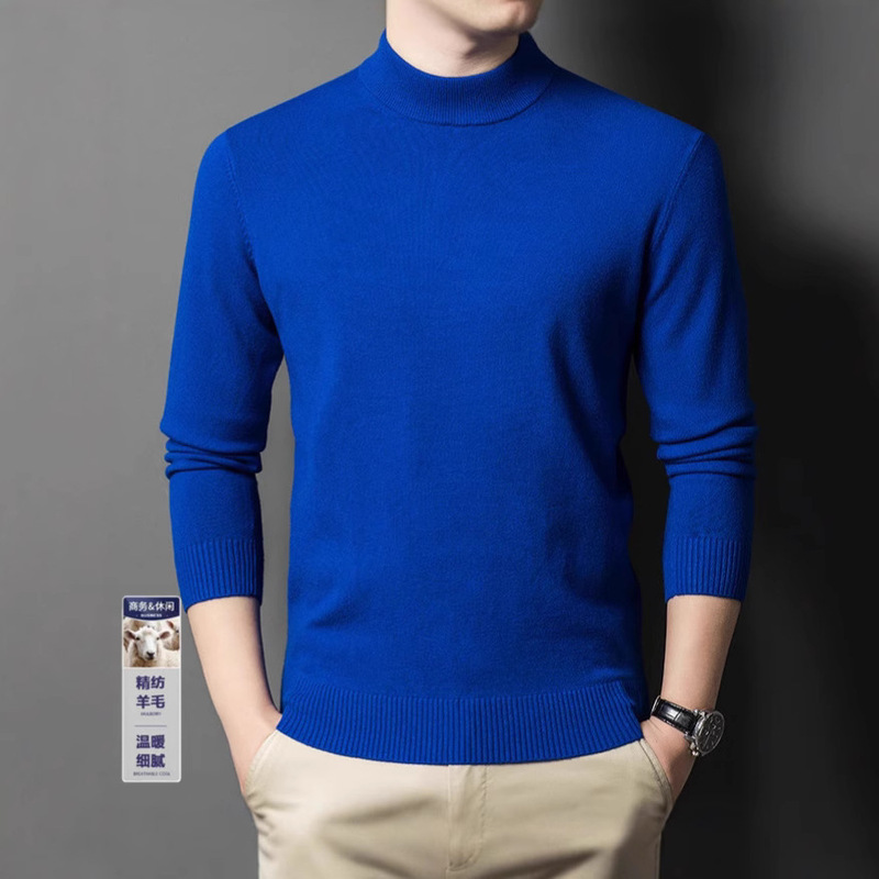 Worsted Woolen Sweater Men's Autumn and Winter Mock High Collar Simple Casual Solid Color Thickened Warm Base Sweater Sweater