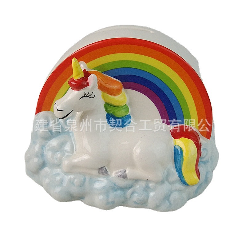 Caricatura creativa pintada de cerámica unicornio depósito de dinero arco iris unicornio depósito de dinero cambio depósito de dinero
