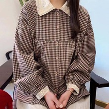 刺绣翻领小格子娃娃款长袖衬衫文艺复古森女系衬衣