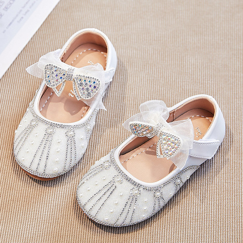 Girls' Sparkling Rhinestone Performance Shoes 2024 Spring New Children's Mesh Bow Rhinestone Single Shoes Princess Shoes