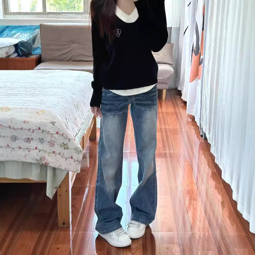 청바지 2025 봄과 가을 슬림 미국 봄과 가을 슬리밍 바지 작은 다리가없는 느슨한 바지