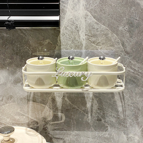 Creamy High-End Decor Wall-Smounted Condiment Set, No-Hole Installation, Colorful Matching Condiment Jars, Moisture-Proof with Lid, Condiment Bottle Set for Wholesale
