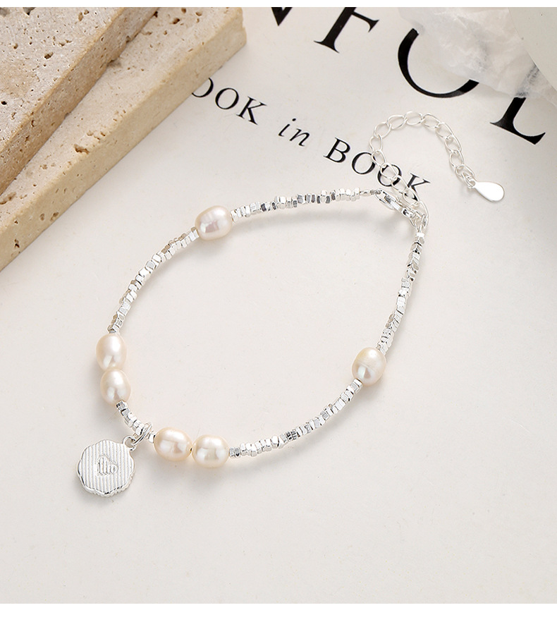 Freshwater Pearl, Sterling Silver Material Heart Shape Pattern Women's Gender Plating Design Lady Heart Shape Freshwater Pearl Sterling Silver Plating Bracelets