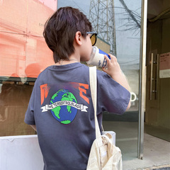 男童短袖t恤 白色地球前後印花寬鬆半袖內搭打底衫上衣洋氣夏