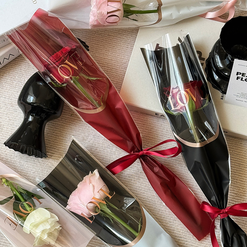 Nueva bolsa de ramo de vacaciones LOVE bronceado bolsa individual bolsa de rosas bolsa de celofán transparente bolsa de flores al por mayor