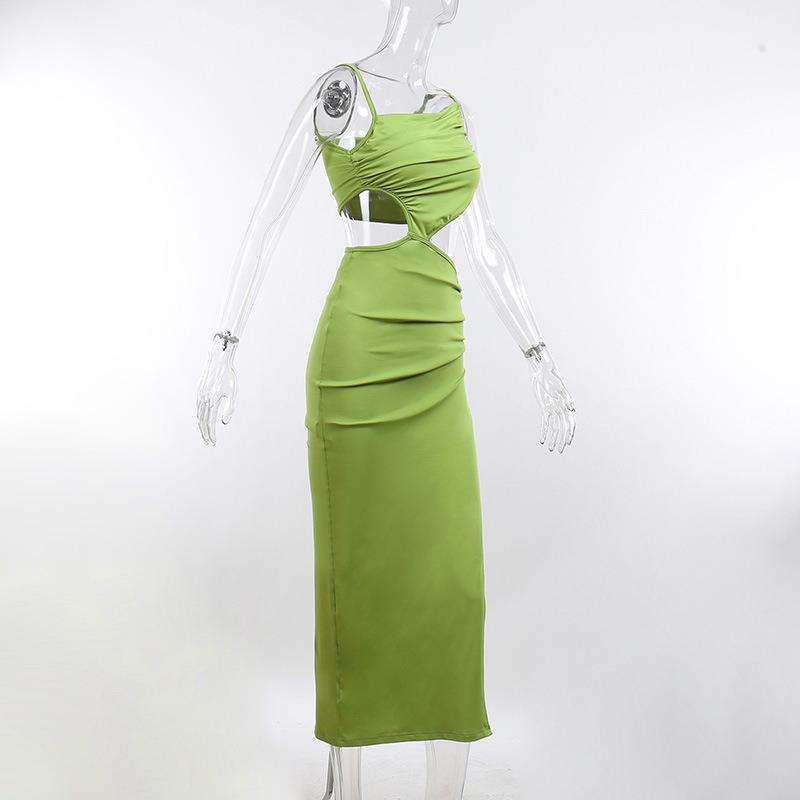Summer Season Wholesale Women's Elegant Sexy Pleated Hollow Out Solid Color Holiday Cocktail Party Oblique Collar Sleeveless Slit Dress