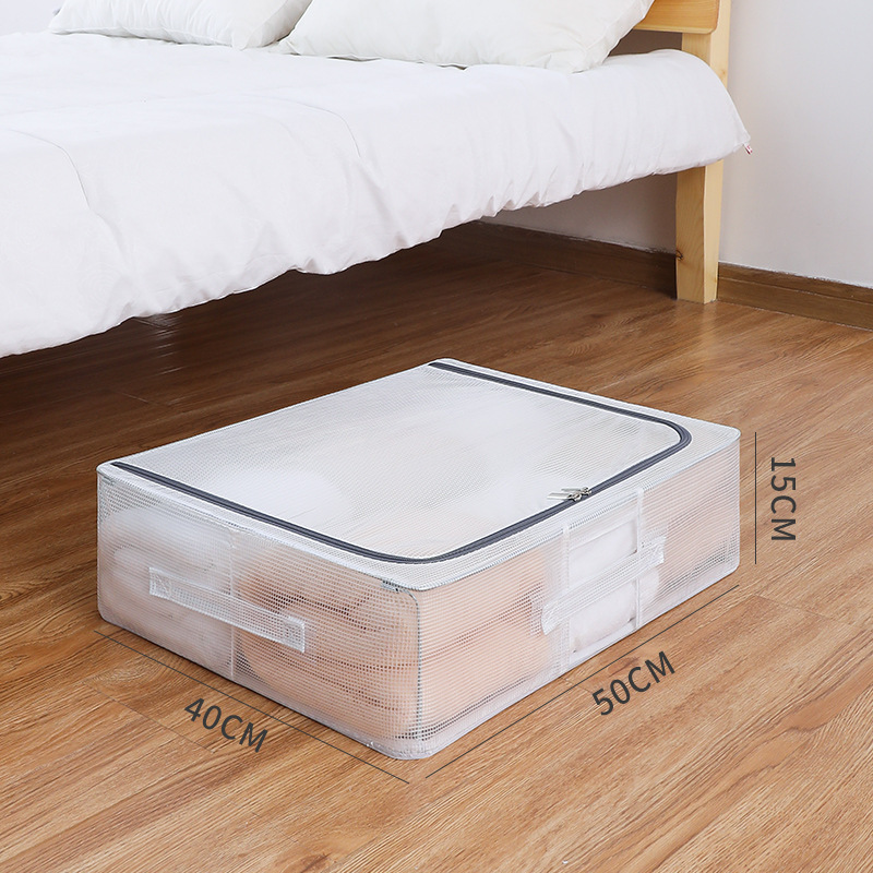 Fondo de la cama ropa transparente y plana de gran tamaño, caja de 100 nang, caja de acabado de edredones debajo de la cama del dormitorio, caja de almacenamiento impermeable con marco de acero