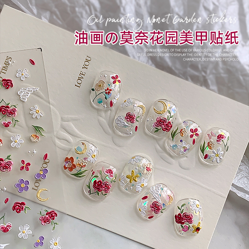 Oil Painting Monet Garden Nail Art Stickers 2025 New Red Rose Flower Embossed Stereo Nail Decal Decoration