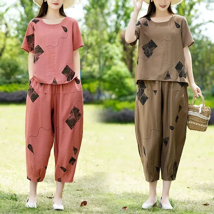 2025 новый летний модный элегантный костюм свободного кроя, повседневный, больших размеров, с принтом, утягивающий, в западном стиле, комплект из 2 предметов для среднего и пожилого возраста H