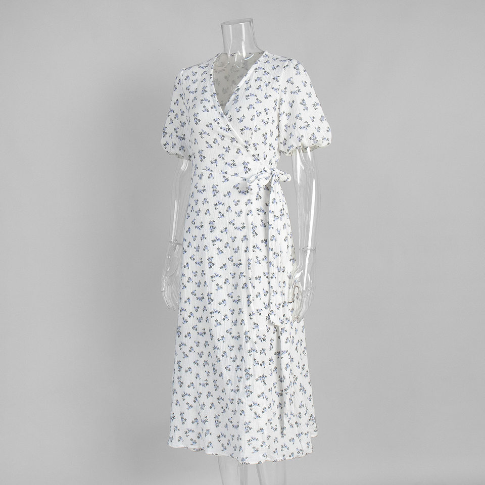 Đầm liền cotton in hoa cổ chữ V tay bồng buộc dây lưng cao — Hoa oải hương, Hoa tulip màu hồng, Màu be, Màu hồng chi tiết 5
