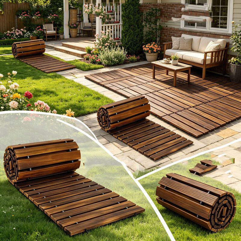 Carbonized Wood Outdoor Rollable Garden Walkway Wedding Beach Portable Walkway Board Rollable Anti-Corrosion Wood Garden Walkway