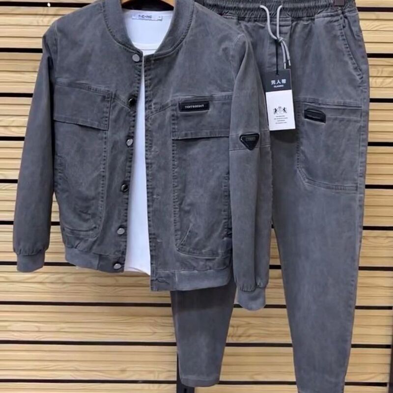 2024 Spring Fashion Slim Fit Plaid Two Piece Set New Men's Washed Fabric Solid Color Sports Suit 2024 Spring Fashion Slim Fit Plaid Two Piece Set New Men's Washed Fabric Solid Color Sports Suit