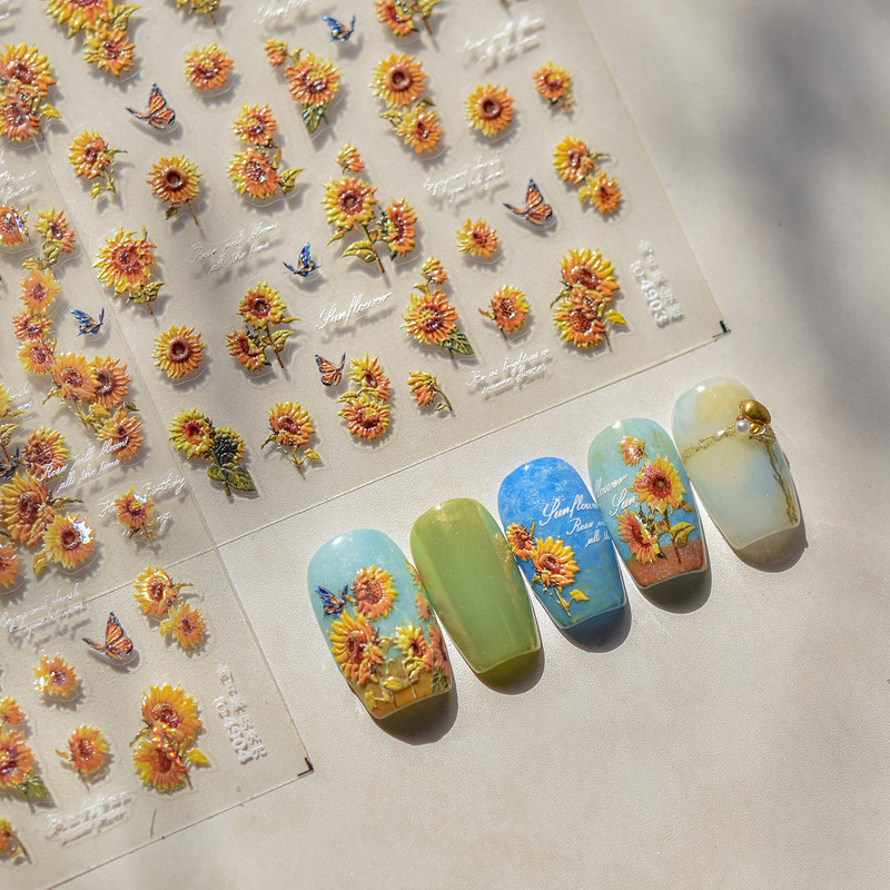 Nail art stickers new sunflower embroidery high-end with adhesive cute bright spring nail stickers explosions