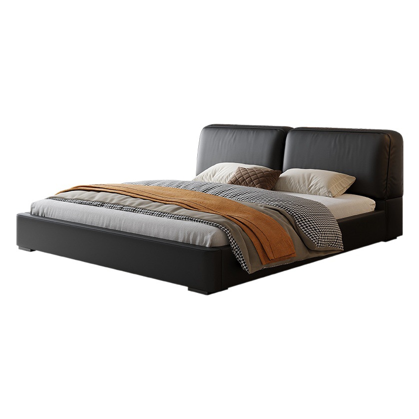 Imagen de verano cama de cuero genuino italiano minimalista gran vaca negra cuadrada cama doble 1,8 m Cama grande piso simple cama de boda negro