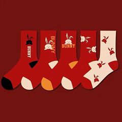 兒童襪子新款新年紅色兔子中筒襪秋冬男女童透氣秋冬嬰兒寶寶薄襪