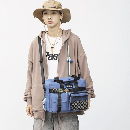Men's Hong Kong trendy cool messenger bag double-buckle pocket crossbody bag women's Korean style workwear student shoulder bag couple's versatile large bag