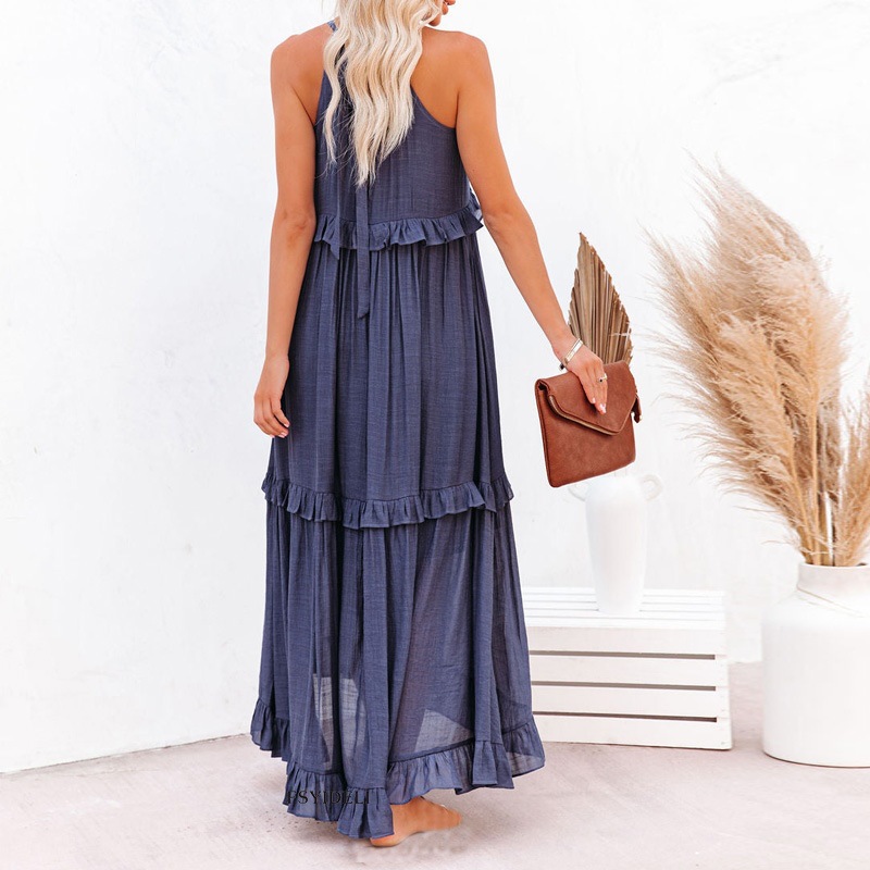 Women's Tiered Skirt Casual Boat Neck Patchwork Sleeveless Solid Color Maxi Long Dress Daily display picture 4