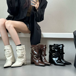 高跟靴尖头裤管靴短靴女2025秋冬新款铆钉皮带扣时装女靴软皮粗跟
