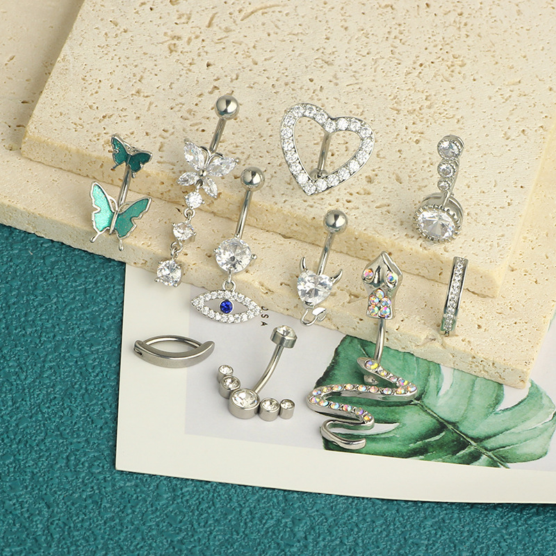 Rose Gold Stainless Steel Inlaid Zircon Belly Button Ring Love Full Diamond Belly Nail Butterfly Piercing Jewelry 10-Piece Set detail image 13