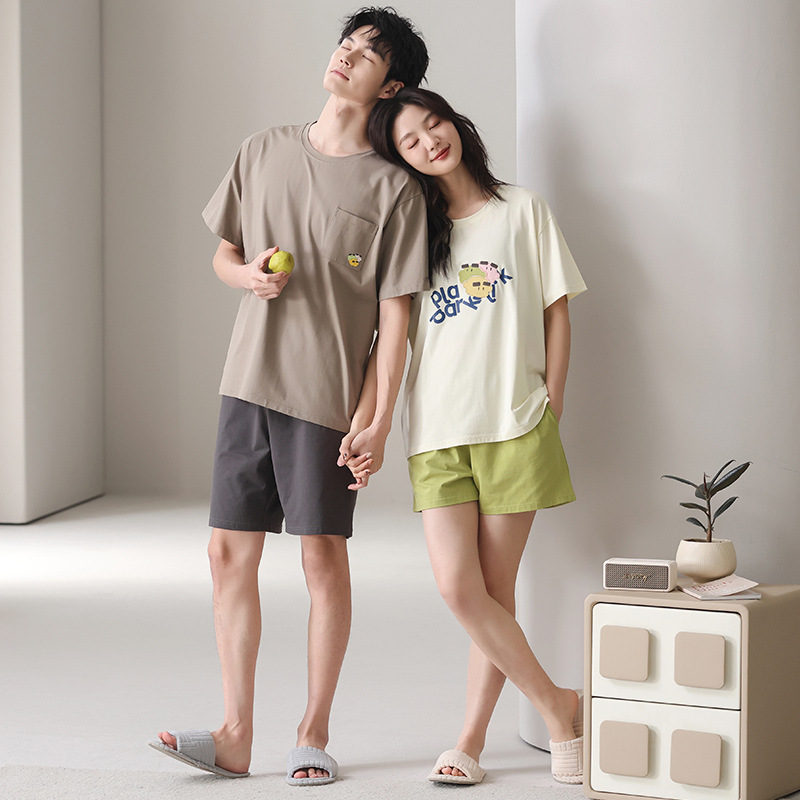 Cartoon Cute Modal Cotton Couple's Pajamas, Summer Short-Sleeved Shorts, Round Neck Pullover, Can Be Worn Outside, Men's and Women's Home Clothes