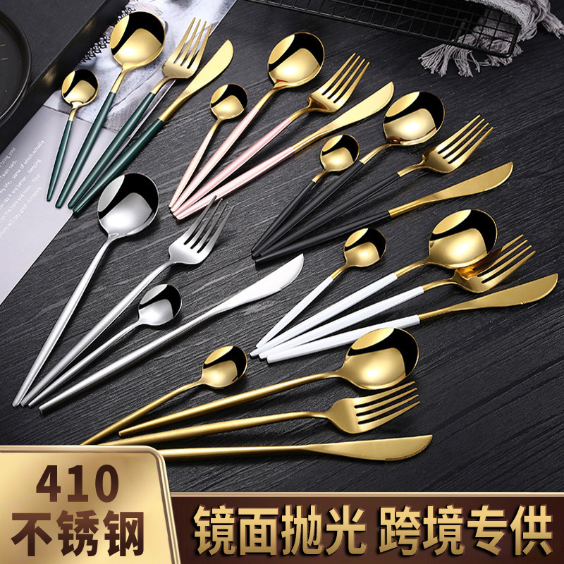 Spoon Portuguese Knife, Fork, and Spoon Steak Western-Style Knife, Fork, and Dessert Spoon 4-Piece Set of Polished Stainless Steel Cutlery