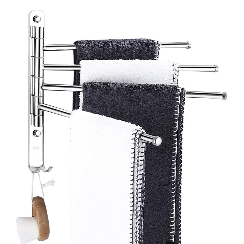 Cuarto de baño Barra de toalla giratoria plegable móvil toallero ponche-libre de acero inoxidable 304 baño rack cuatro barras