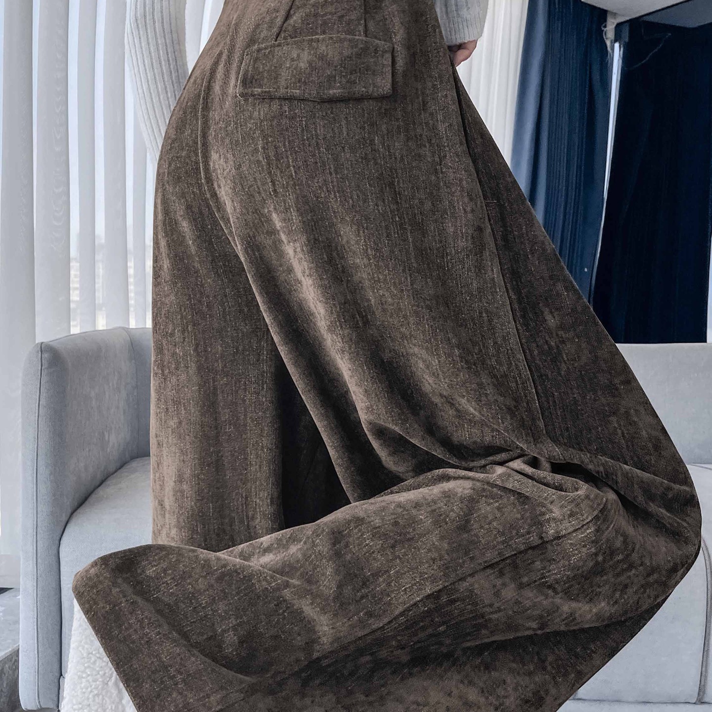 咖色雪尼尔西装阔腿裤女秋季宽松直筒休闲裤灯芯绒垂感拖地长裤