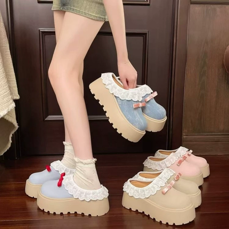 Женские летние шлепанцы Birkenstock на толстой платформе, модель Baotou, 2025 года, новые, милые, с кружевными краями и бантом.