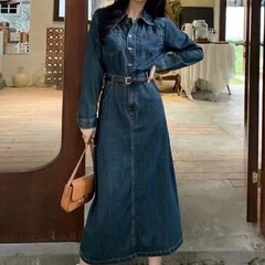 中长款长袖牛仔连衣裙女2025春秋新款复古港味chic收腰显瘦a字裙