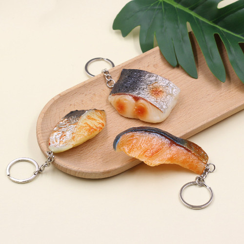 Interesting simulated food PVC grilled fish fillet large shrimp key ring buckle food squid bag pendant gift