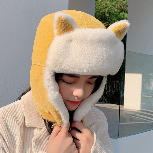 Autumn and Winter Cat Ear Balaclava Women's Cute Windproof Warm Riding Hat One-piece Ear-Protecting Mask Corduroy Cotton Hat