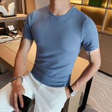 针织上衣设计感男夏季韩版修身男士色圆领夫格型男紧身弹力打底衫
