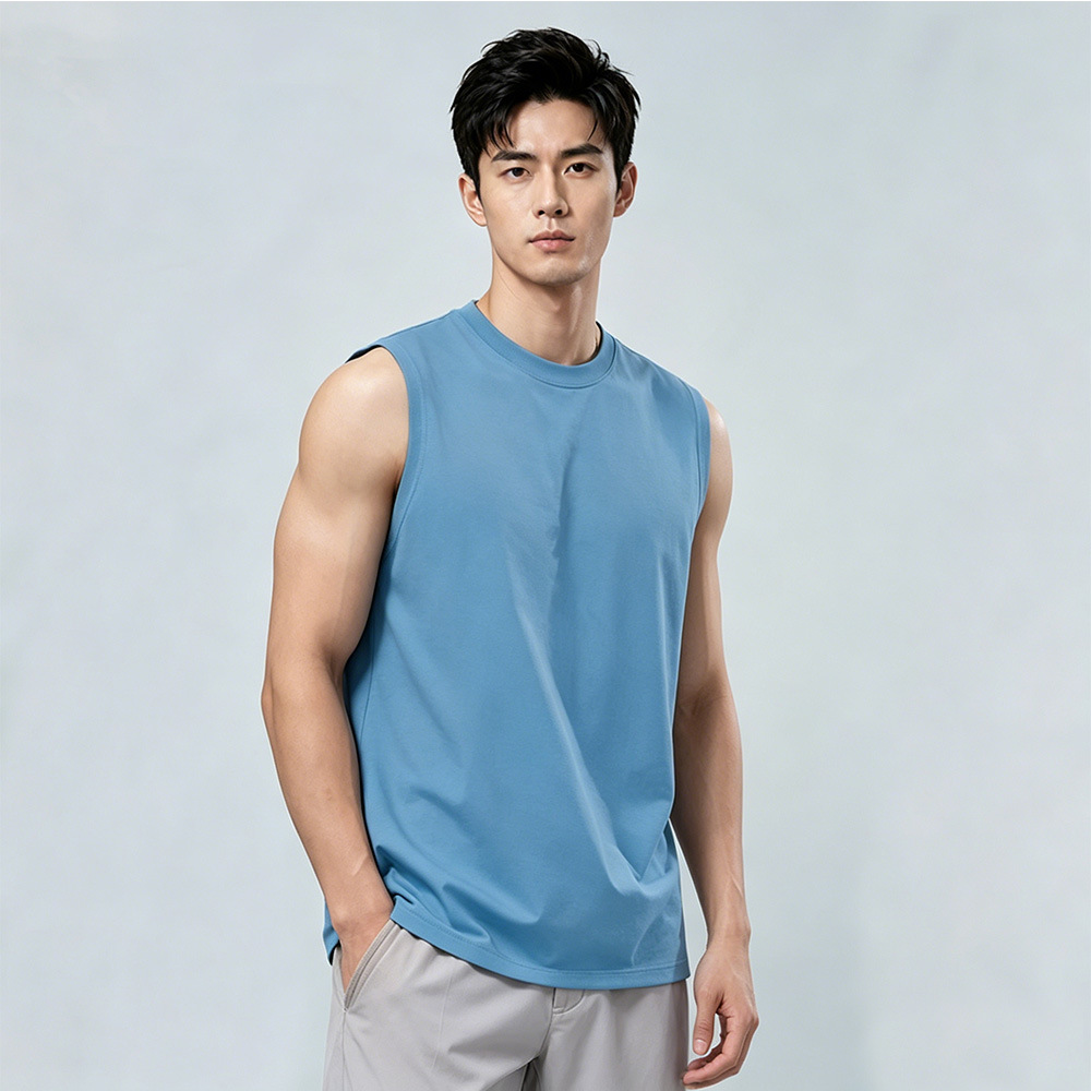 Polyester-spandex blend, new summer style, plus-size, cooling and quick-drying sleeveless vest, solid color, men's athletic top