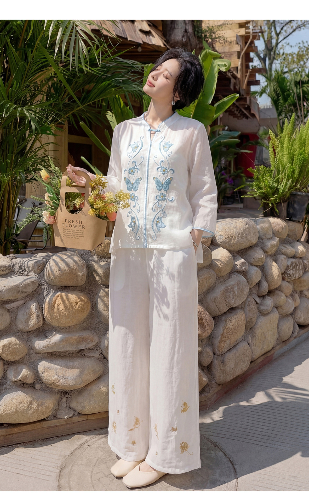 Bộ quần áo hai mảnh nữ chất liệu ramie thêu hoa, áo sơ mi phối quần ống rộng — Màu hồng, màu trắng chi tiết 26