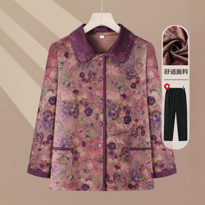 Old lady's autumn thick shirt, 60s and 70s, long-sleeved loose top for elderly mothers, 80s grandma's outfit, early autumn thin jacket