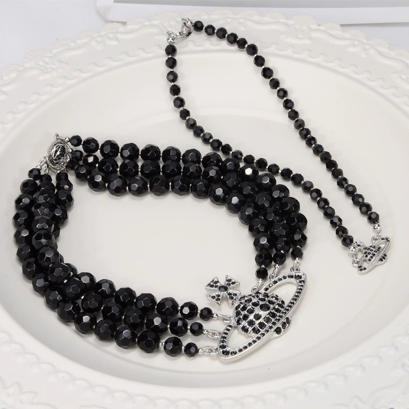Empress Dowager's New Full Diamond Three-Layer Black Pearl Large Saturn Necklace, Dark Style Personalized Short Choker Trendy Bracelet for Women